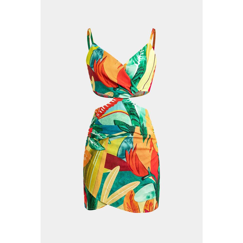 Tropical Print Mini Dress - Green/Yellow/Orange